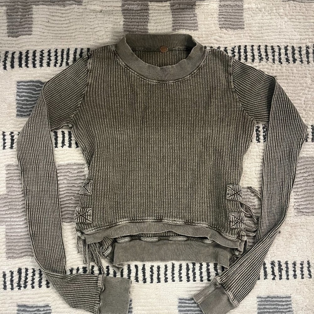 FP One Waffle Thermal Side Tie Crop Top Long Sleeve - Olive Green